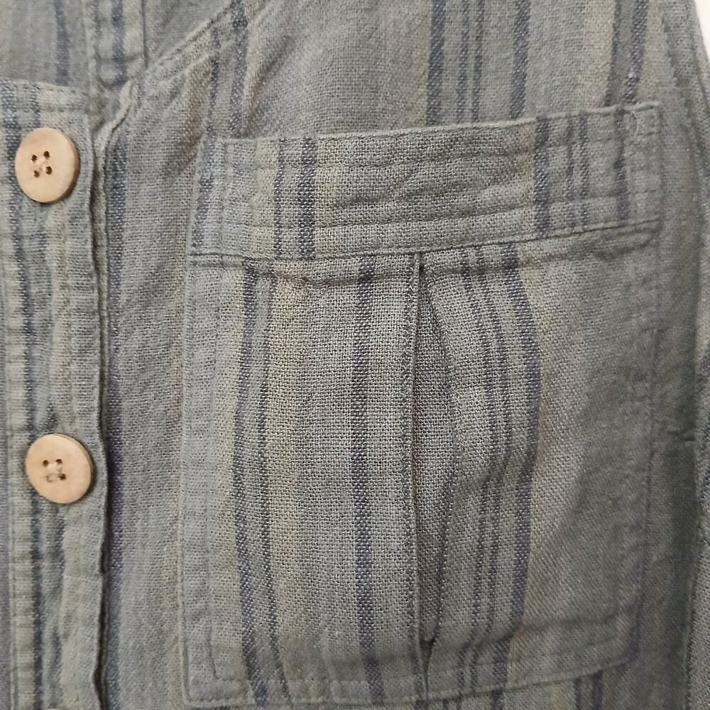 Olive Green Striped Linen Blend Button Down Tie Front Midriff Top Sz L - Picture 5 of 9